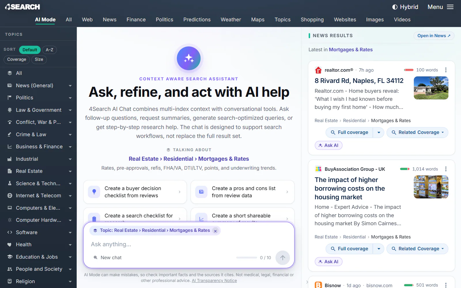AI Mode opened for one topic: a Talking about line naming the topic, a topic label in the message box with a button to remove it, and news results from inside that topic