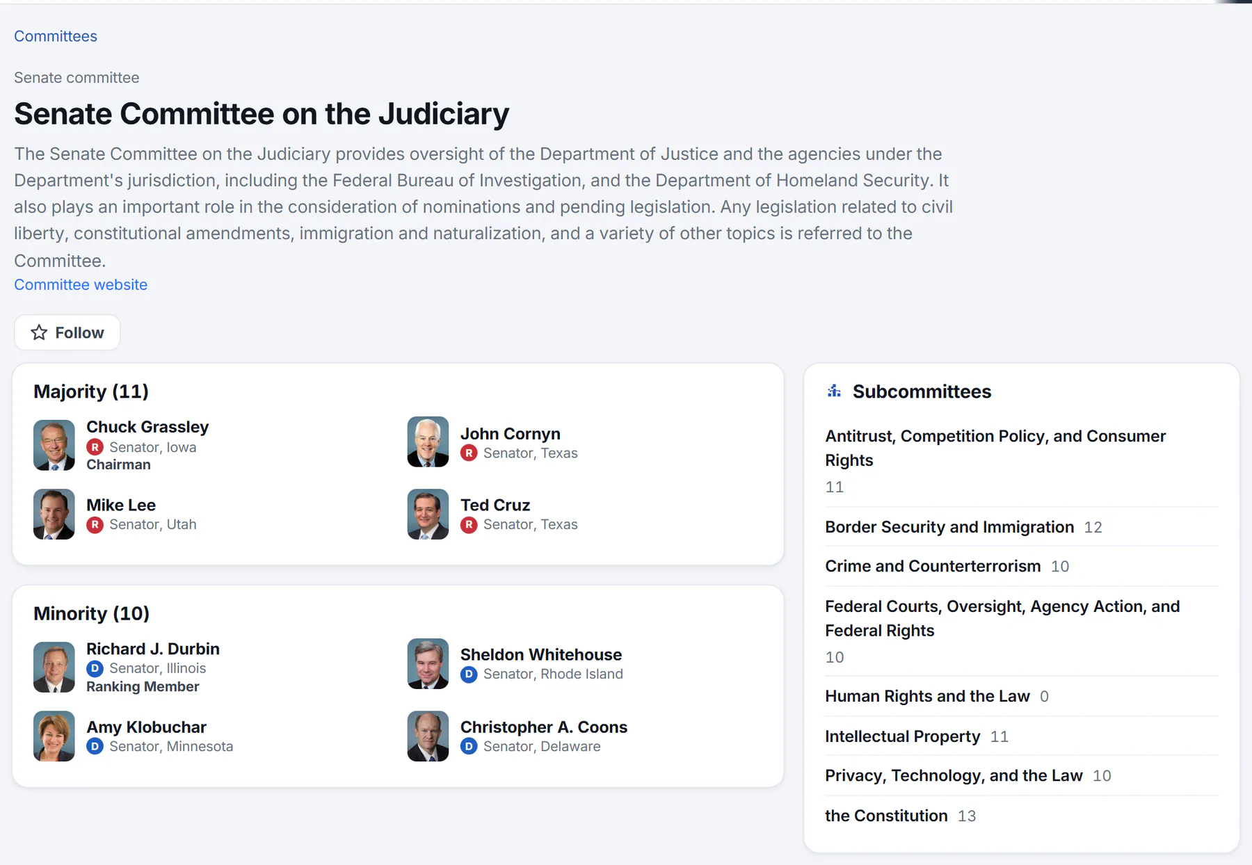 A committee's page: the chamber and name, a description of what it handles, a Follow button, the majority and minority members with the chair and ranking member marked, and its subcommittees