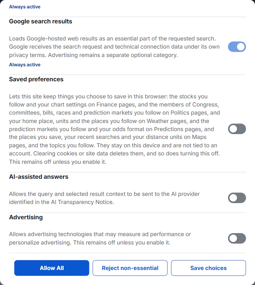 The bottom of the Privacy choices panel with the AI-assisted answers and Advertising categories and the three buttons