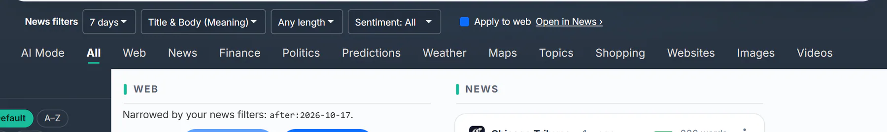 The All tab with the date set to 7 days: the News filters row with Apply to web and Open in News, and the note above the web results saying what was added to the web search