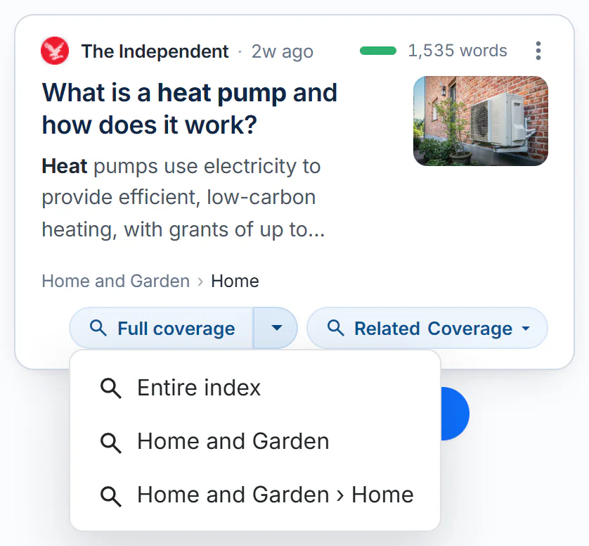A result card with the Full coverage caret menu open: Entire index, then each level of the card's topic path